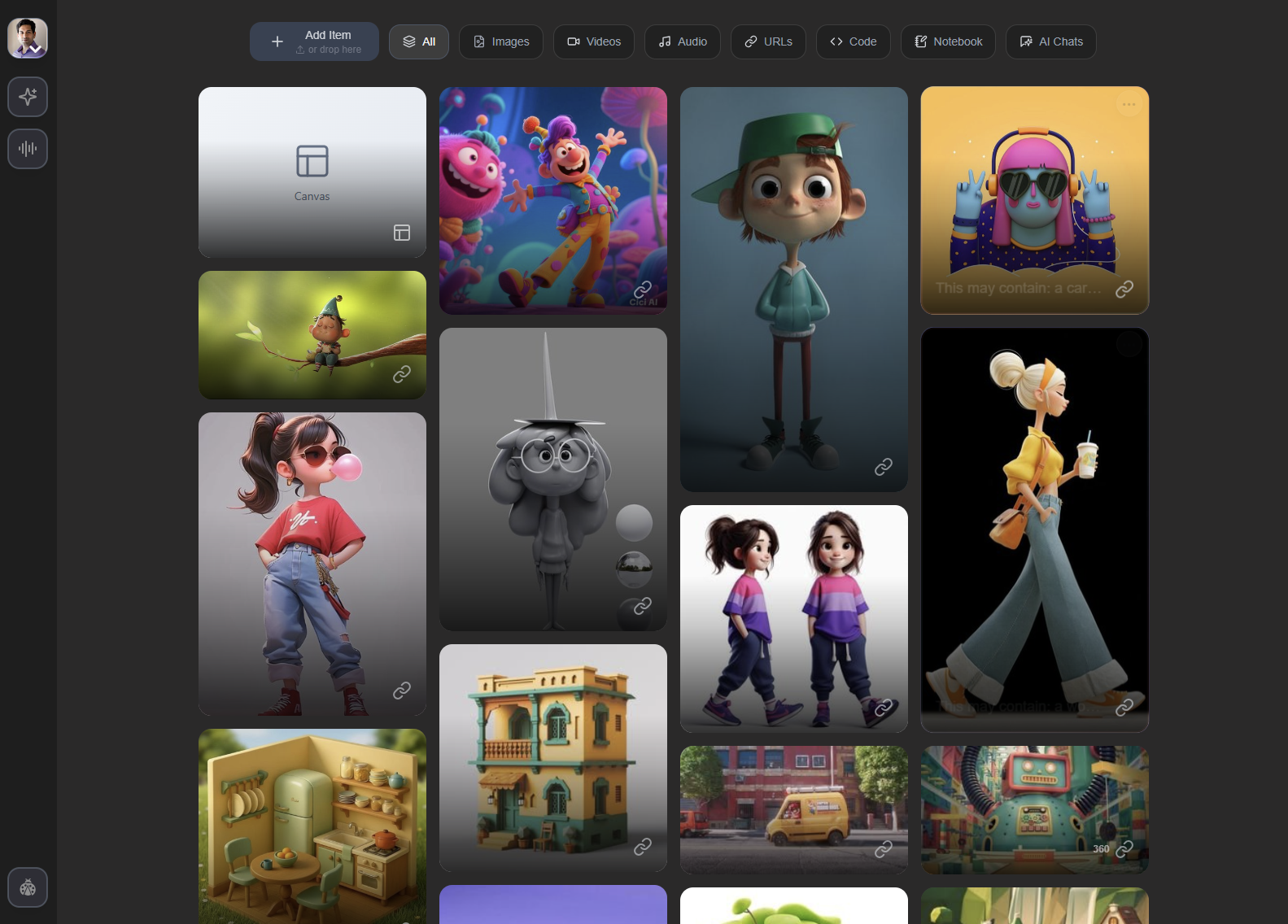 Pitara workspace: a collection of references and assets in a masonry grid with filters for images, video, audio, and more.
